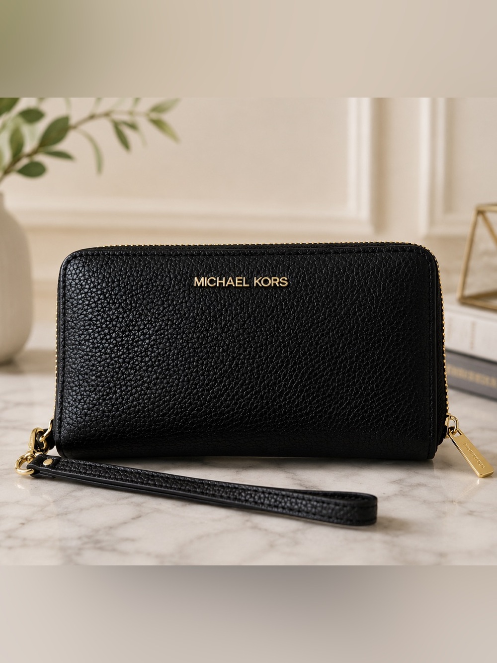 Michael Kors Black Pebbled Leather Zip Wristlet with Gold Hardware